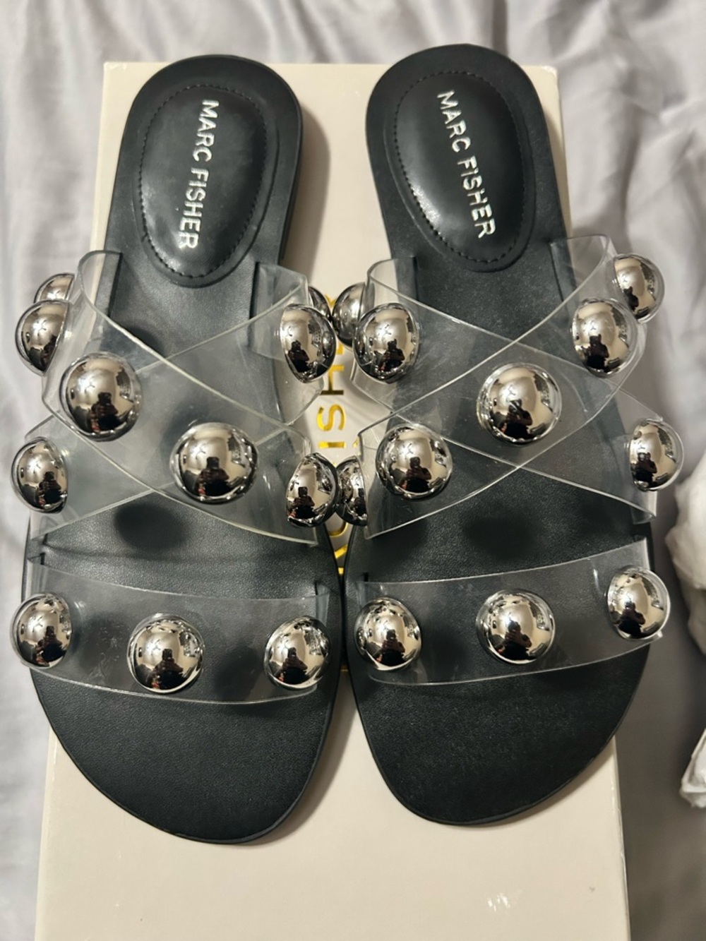 Marc Fisher Black Sandal with Clear Straps and Silver Studs